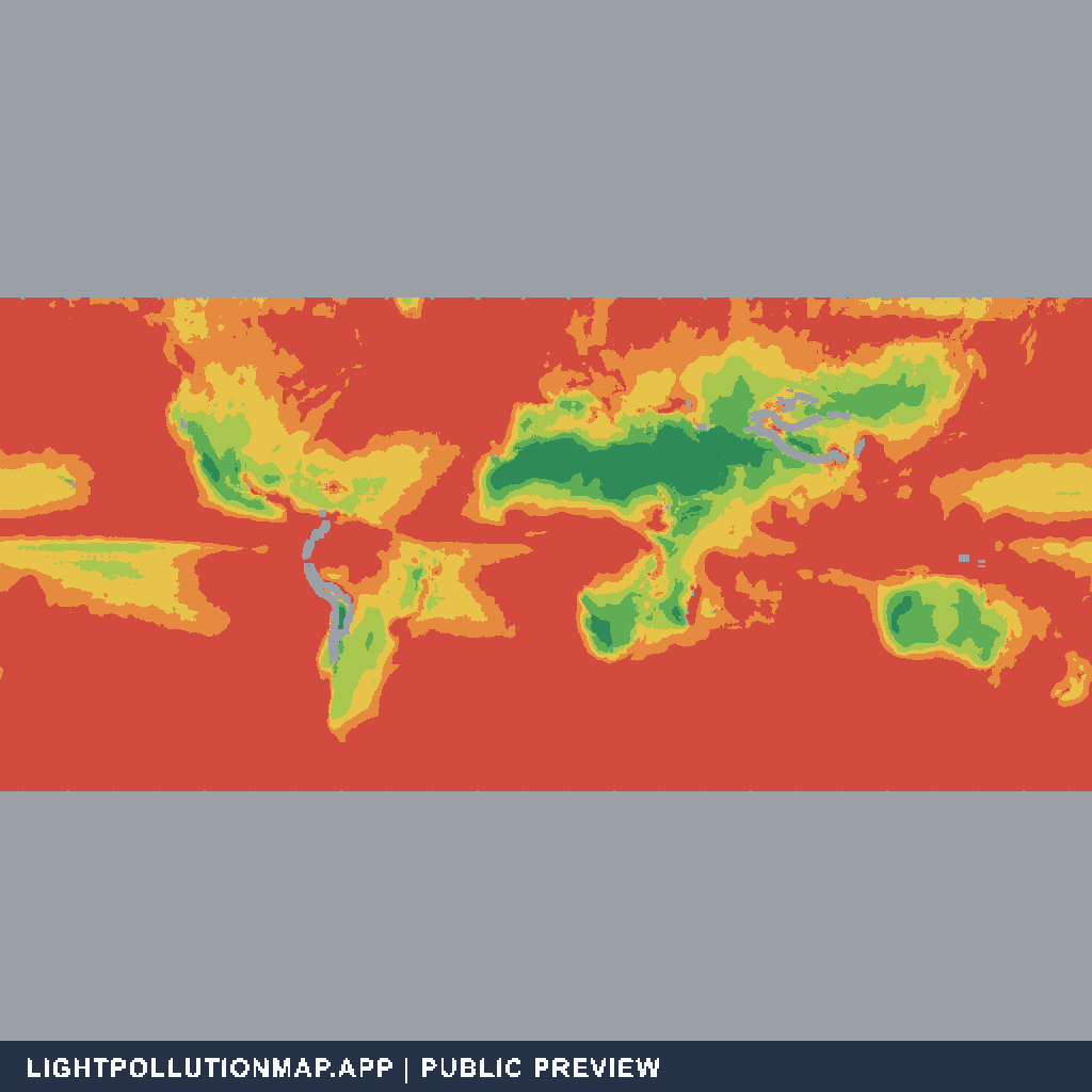 World map showing broad clear-night climate bands from red to green, with gray for lower-confidence coverage