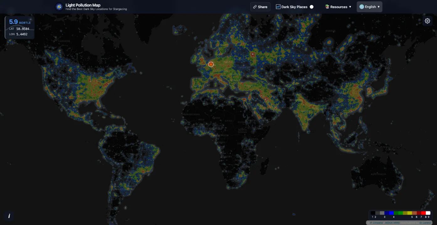 Global light pollution map worldwide showing light pollution levels across different continents and countries with color-coded intensity