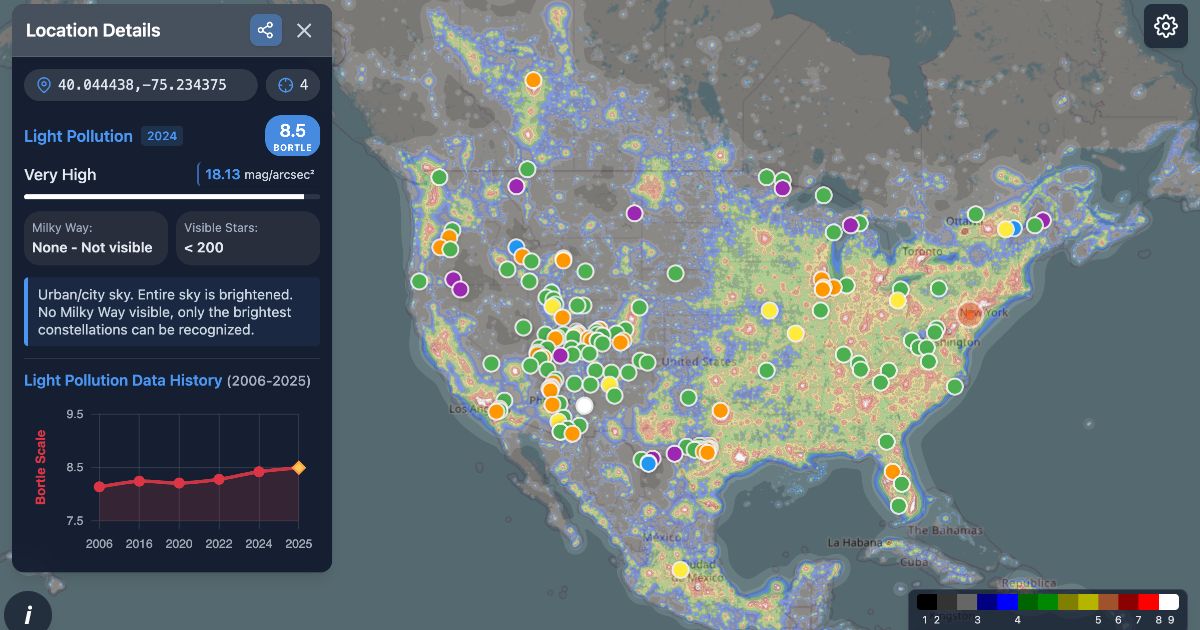 United States light pollution map with dark sky places and stargazing locations marked in different colors